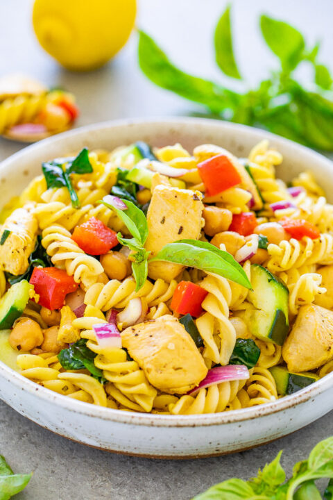 Mediterranean Lemon Basil Pasta Salad With Chicken Averie Cooks