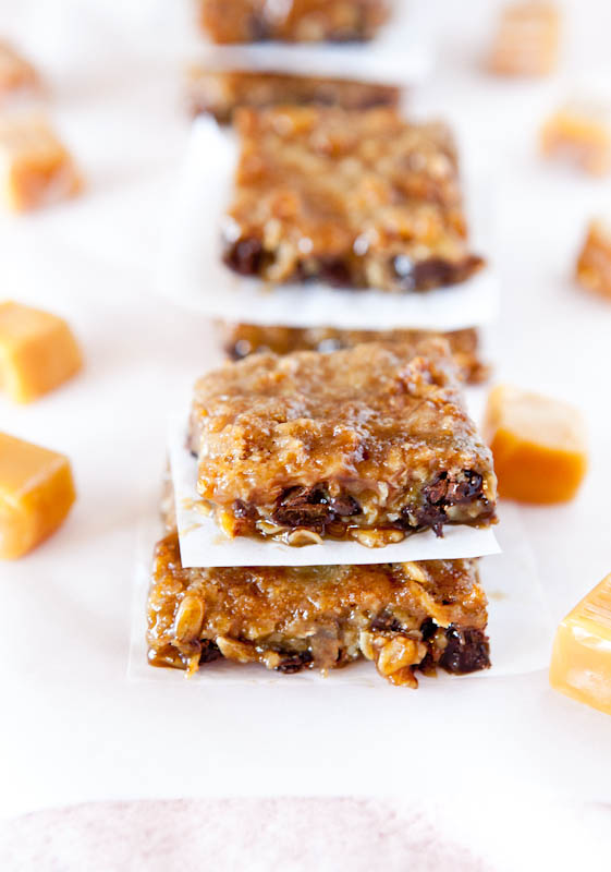 Rows of stacked Caramel and Chocolate Gooey Bars