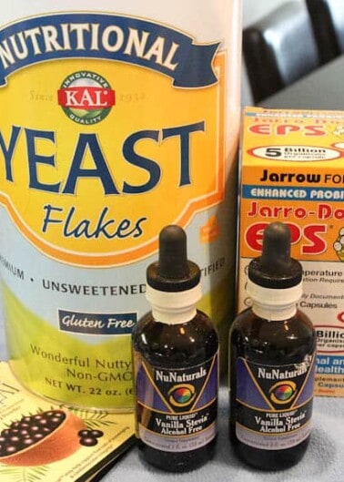 Nutritional Yeast Flakes, Jarro-Daphilus EPS probiotics, and Vanilla Stevia drops