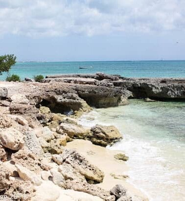 Rocky shoreline with clear water under a partly cloudy sky.