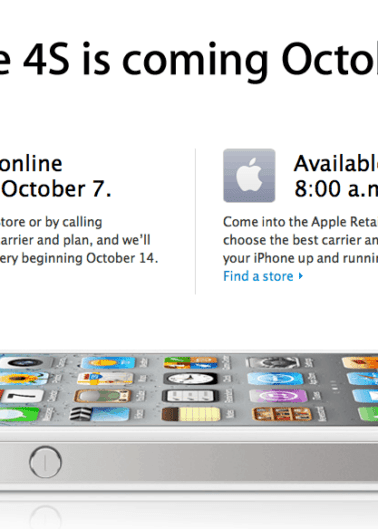 Advertisement for the release of the iphone 4s, highlighting pre-order and in-store availability details.