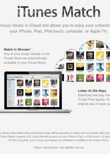 Apple's itunes match service advertisement showcasing music synchronization across various devices.