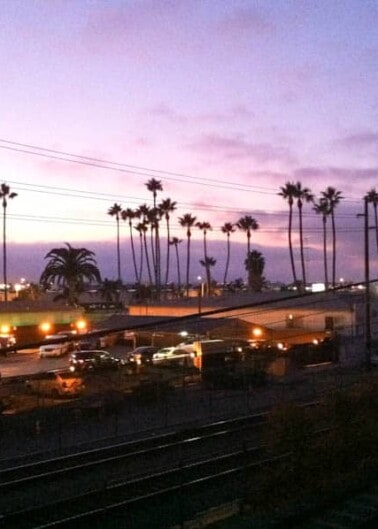 Twilight over a freeway with palm trees silhouetted against a purple sky.