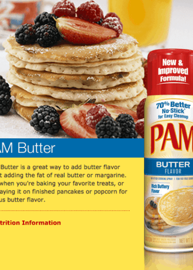 A bottle of pam butter non-stick cooking spray with an image of pancakes topped with berries in the background, highlighting the product as an alternative to traditional butter.