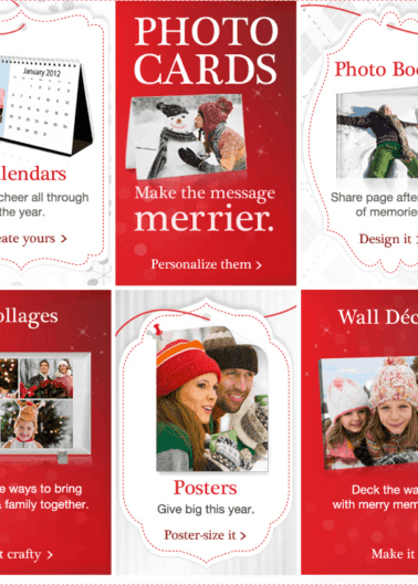 Collage of personalized photo products for festive gifting, including calendars, photo cards, photo books, collages, posters, and wall decor.