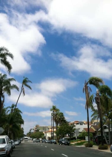 A suburban street lined with palm trees under a partly cloudy sky.