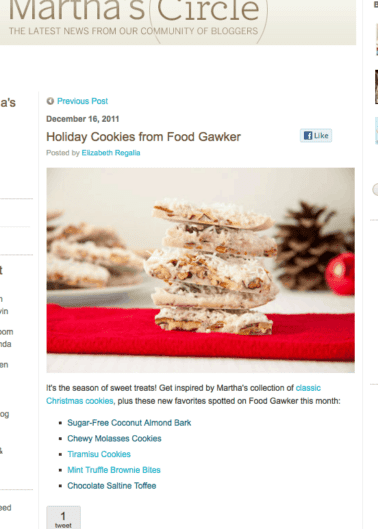 A screenshot of a blog post from "martha's circle" dated december 16, 2011, featuring a list of holiday cookies, with an image of stacked cookies and a pine cone in the background.