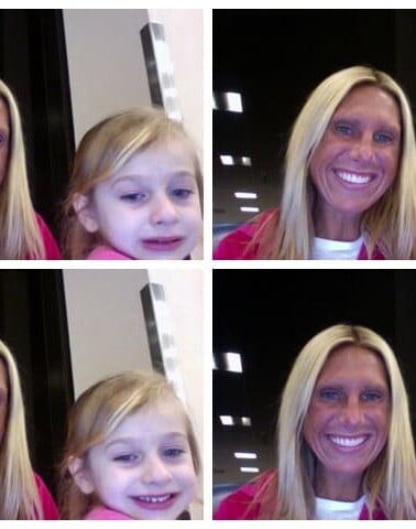 Four-panel photo booth strip of a smiling woman and a young girl with different facial expressions.