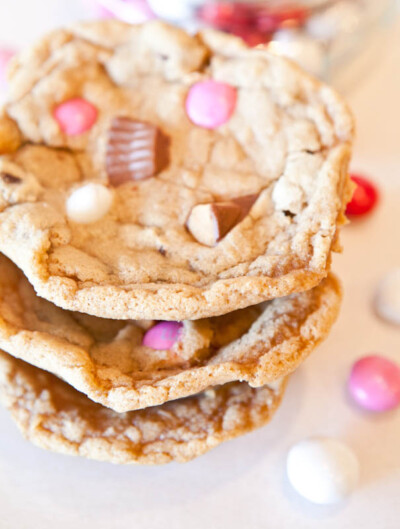 Deep Dish Chocolate Chip Cookies with PB Cups & PB M&M's - Averie Cooks