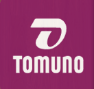 A logo with the text "tomuno" on a purple background, featuring a white stylized letter "t.