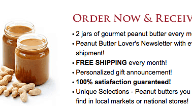 Advertisement for a peanut butter subscription service, offering two jars per month, free shipping, and a newsletter, with a satisfaction guarantee and unique selections.