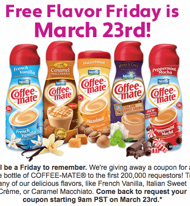 Promotional advertisement for free flavor friday on march 23rd, offering free coffee-mate bottles in various flavors.