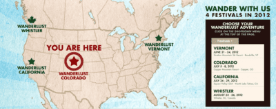 A map showcasing four wanderlust festival locations across north america in 2012.