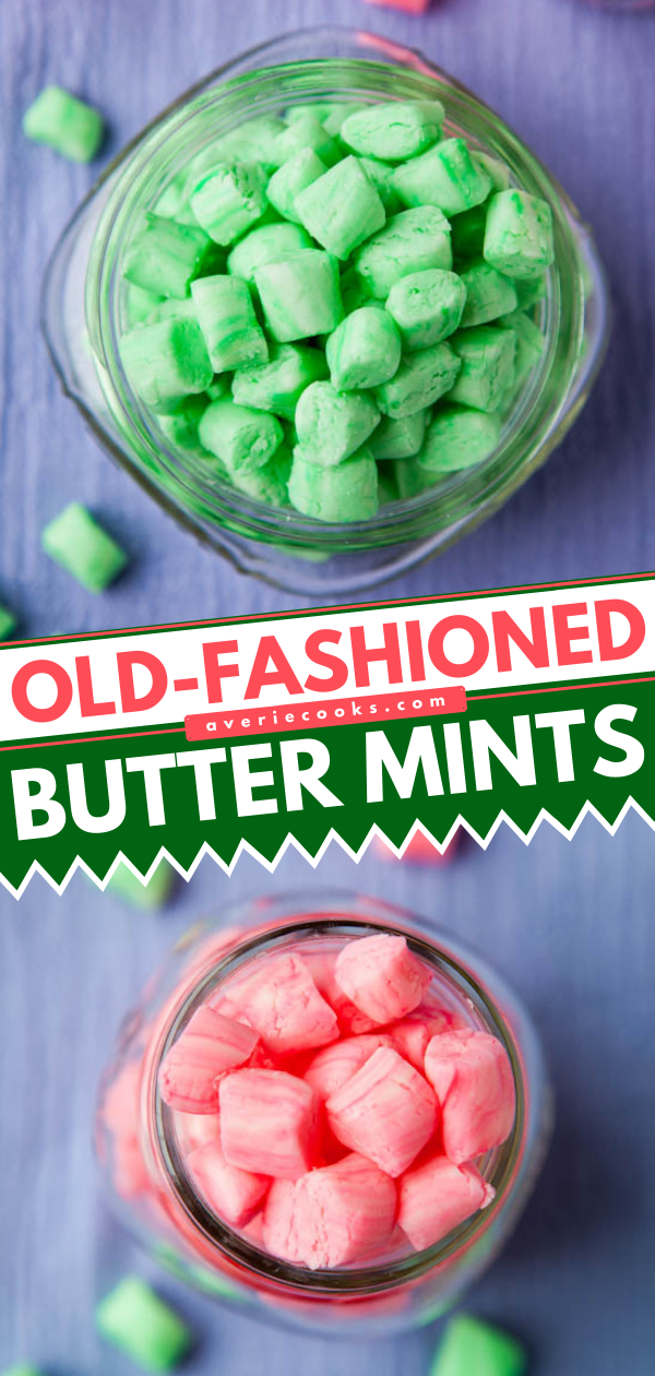 Top-down view of glass jars filled with green and pink old-fashioned butter mints on a purple surface.