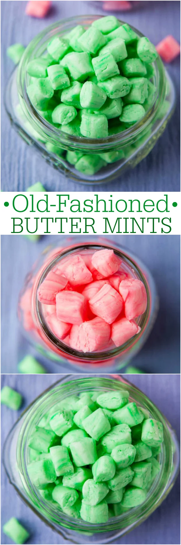 Three jars filled with green and pink old-fashioned butter mints on a textured surface.