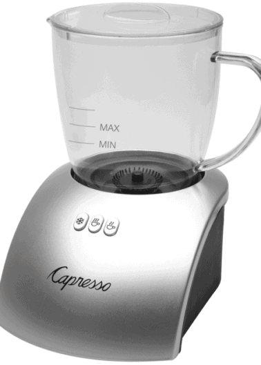 Electric coffee grinder with a transparent bean container and a silver body.