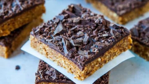 Homemade cereal bars topped with chocolate shavings.