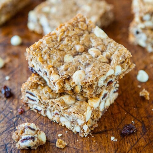 Browned Butter Oatmeal Raisinet White Chocolate Bars - Averie Cooks