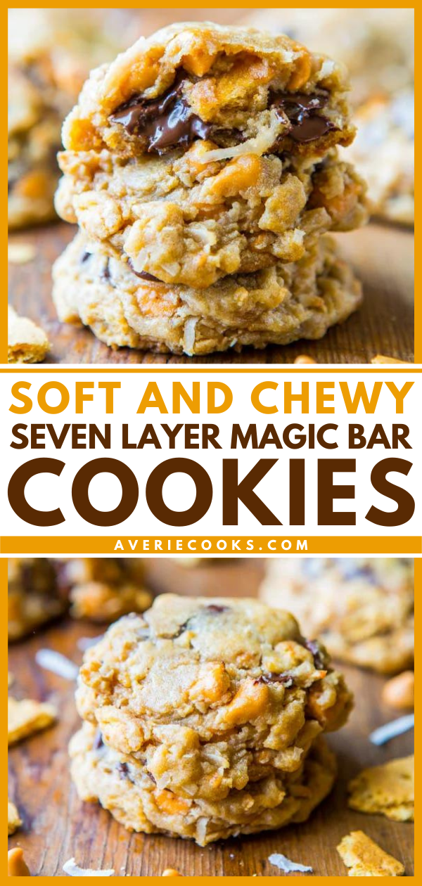 Stacked cookies with visible chocolate layers and a chewy texture. Text reads: "Soft and Chewy Seven Layer Magic Bar Cookies" from averiecooks.com.