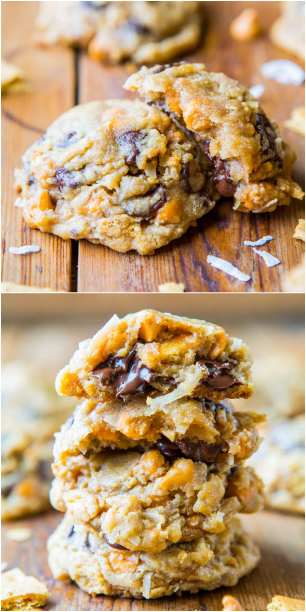 Stack of chocolate chip cookies with coconut flakes on a wooden surface.