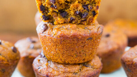 A stack of chocolate chip pumpkin muffins on a plate.