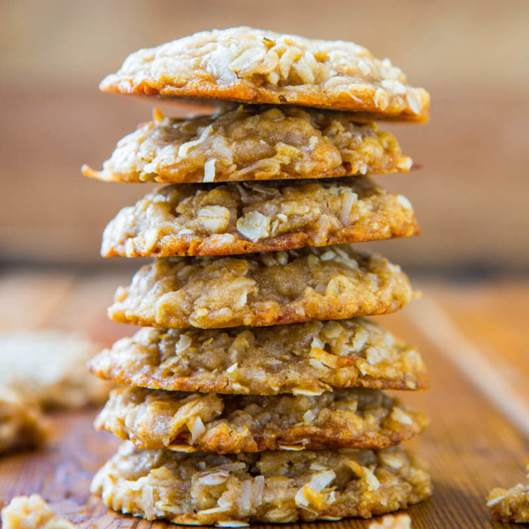 Chewy Anzac Biscuits (Oatmeal Coconut Cookies) - Averie Cooks