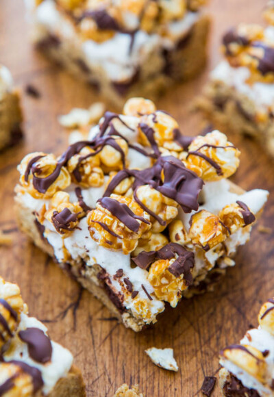 Caramel Corn Marshmallow Chocolate Chip Cookie Bars - Averie Cooks