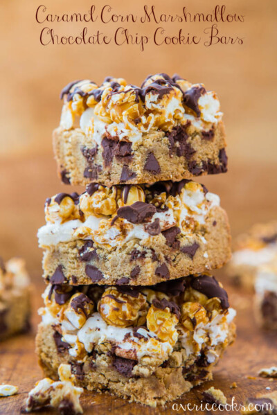 Caramel Corn Marshmallow Chocolate Chip Cookie Bars - Averie Cooks