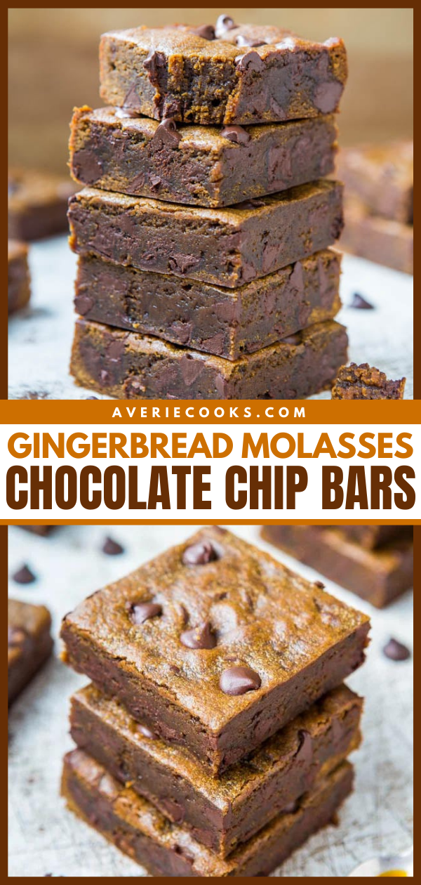 Soft and Chewy Gingerbread Molasses Chocolate Chip Bars - Averie Cooks