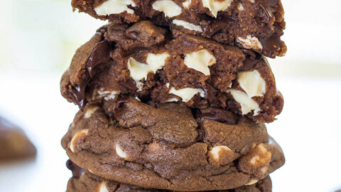 A stack of chocolate cookies with white chocolate chips.