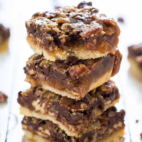 Salted Caramel and Chocolate Pecan Pie Bars - Averie Cooks