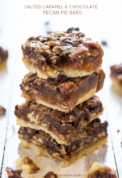 Salted Caramel and Chocolate Pecan Pie Bars - Averie Cooks