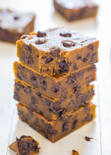 Stack of chocolate chip pumpkin bar slices.