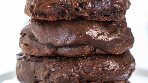 Stack of gooey chocolate cookies.