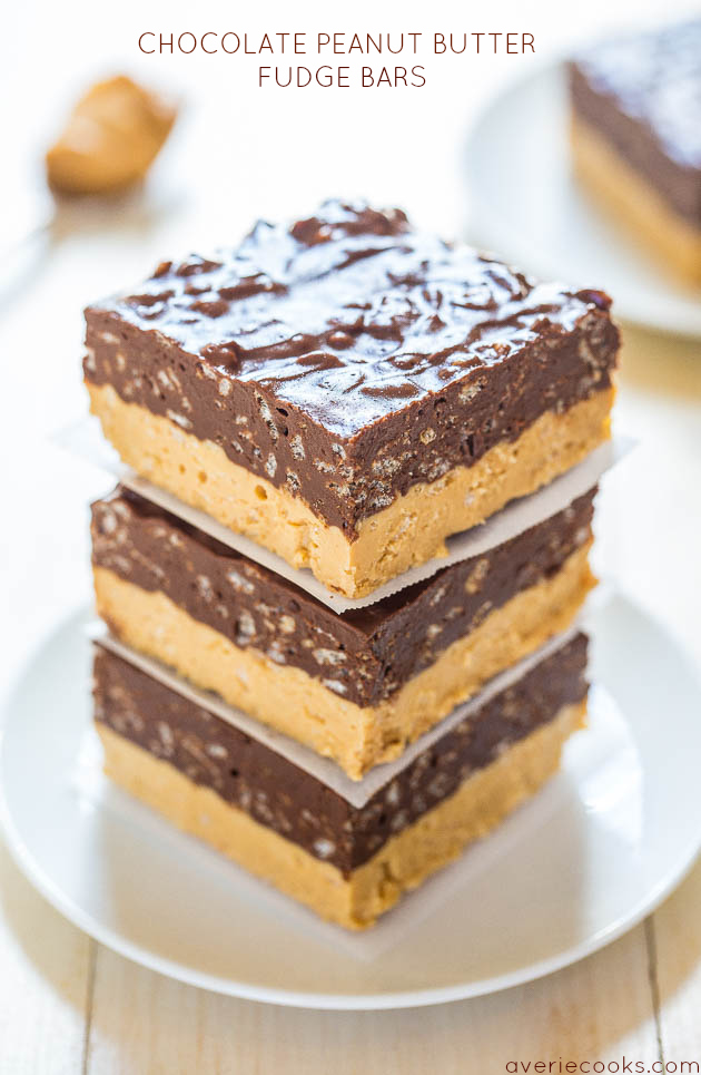 Chocolate Peanut Butter Fudge Bars - Can't decide if you want PB or chocolate? Make these easy no-bake bars! Chocolate + PB is sooo irresistible!!