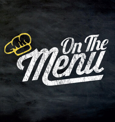 Chalkboard-style illustration with the phrase "on the menu" and a chef's hat.