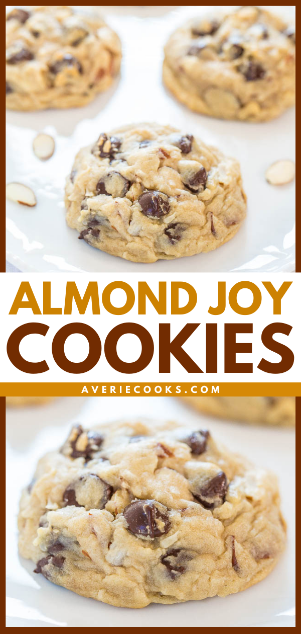 Close-up of almond joy cookies with chocolate chips and almond slices on a white tray.