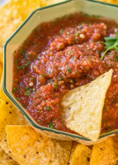 A bowl of tomato salsa surrounded by tortilla chips, with one chip partially dipped into the salsa.