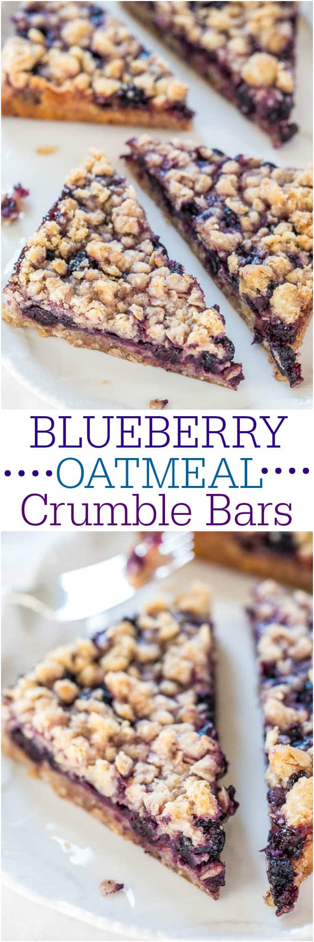 Blueberry Oatmeal Crumble Bars - Fast, easy, no-mixer bars great for breakfast, snacks, or a healthy dessert! BIG crumbles and juicy berries are irresistible!!