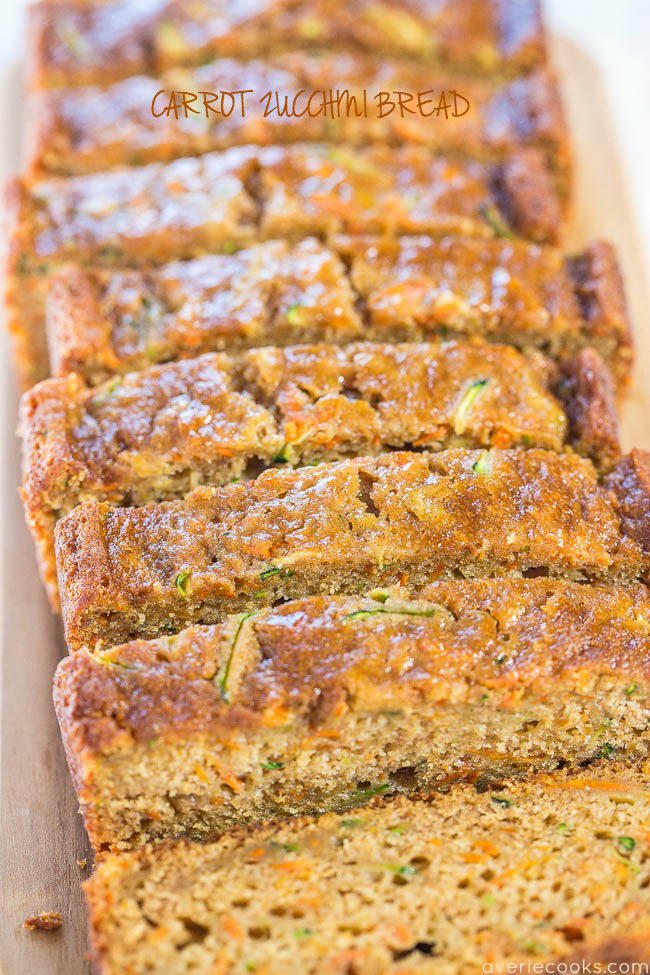 Carrot Zucchini Bread - Fast, easy, one bowl, no mixer!! Super soft, moist, and tastes so good you'll forget it's on the healthier side!! 