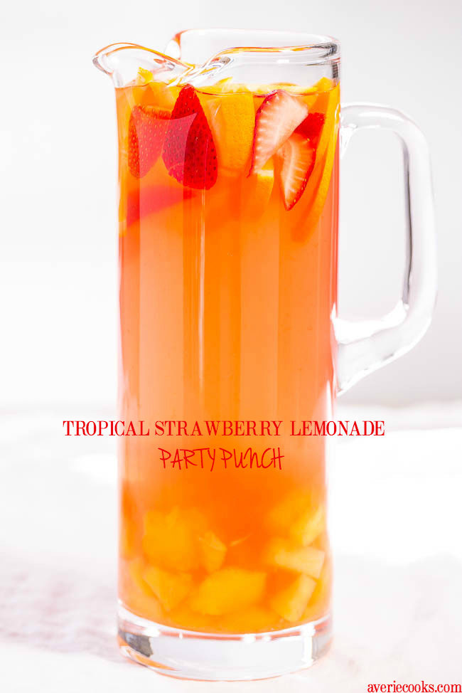 Tropical Strawberry Lemonade Party Punch - Sweet and citrusy with a tropical vibe! So fast and easy!! Punch and sangria all in one with loads of fruit!! (can be made virgin)
