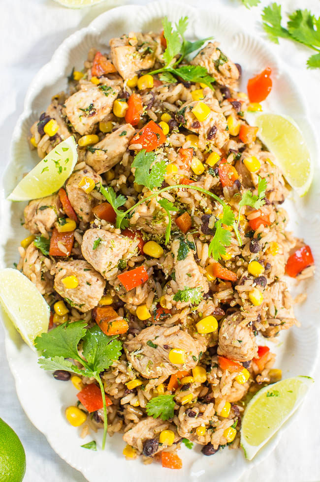 Lime Cilantro Chicken with Mixed Rice and Black Beans - Easy, one skillet, 15-minute meal! Tons of textures and bold flavors in every bite!! The lime makes this dish just POP!!