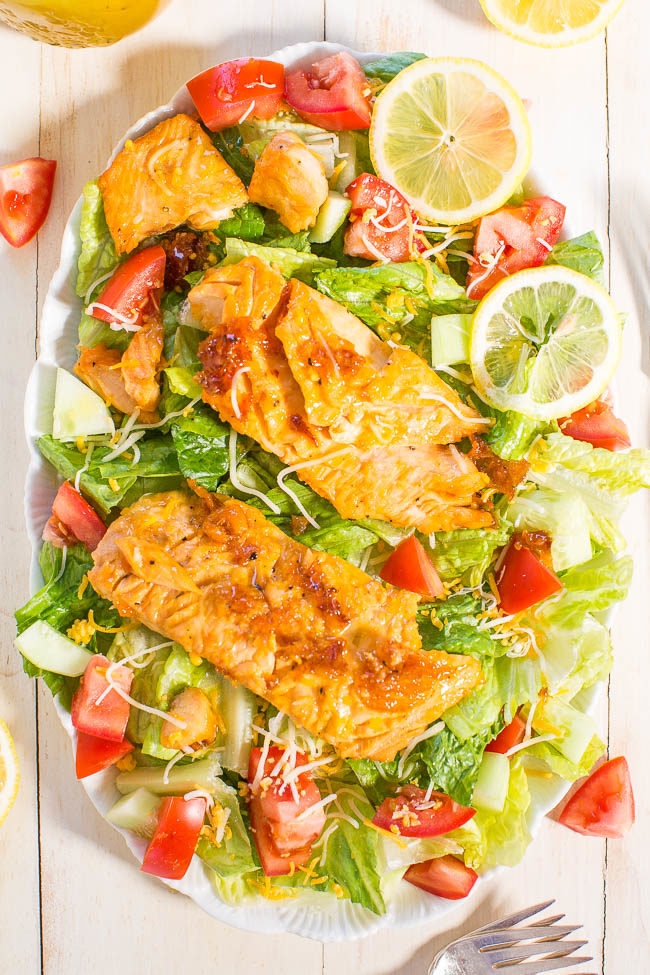 Honey Lemon-Glazed Salmon Salad - Coated with a tangy-sweet glaze that doubles as a light and bright salad vinaigrette! Fast, easy, fresh and healthy!! An awesome 15-minute meal!!