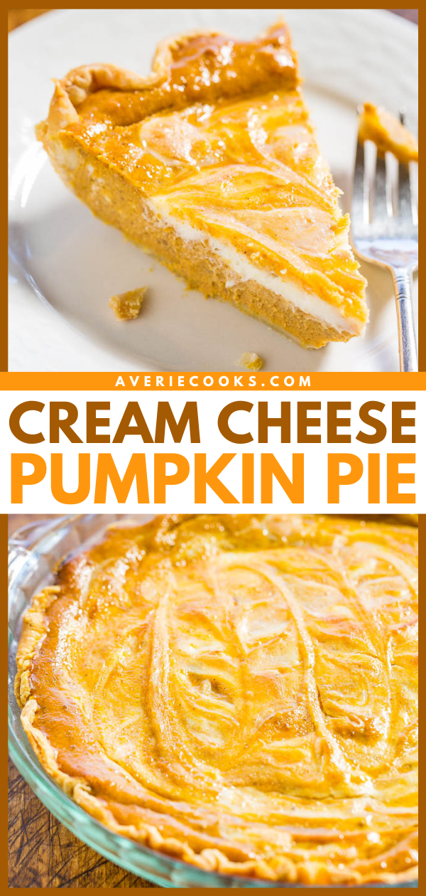 A slice of cream cheese pumpkin pie on a white plate with a fork. Below, a full cream cheese pumpkin pie in a glass pie dish.