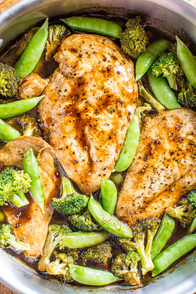 One-Skillet Balsamic Chicken and Vegetables - A tangy-sweet balsamic glaze coats juicy chicken and crisp-tender veggies!! Healthy, easy, ready in 15 minutes, and perfect for busy weeknights! It's a keeper!!