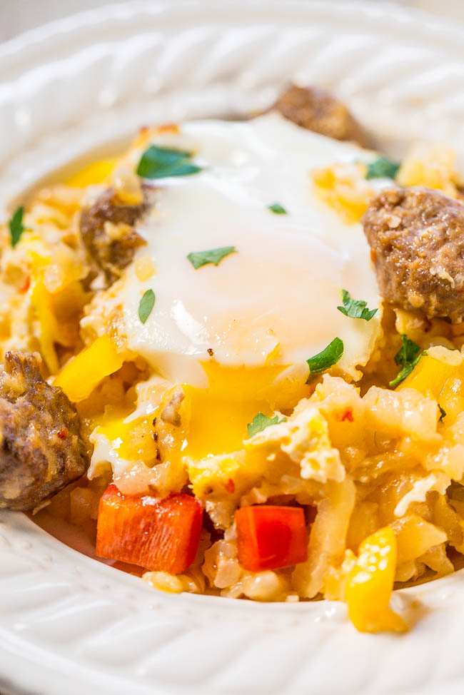 Easy Eggs, Sausage, and Hash Browns Skillet Averie Cooks