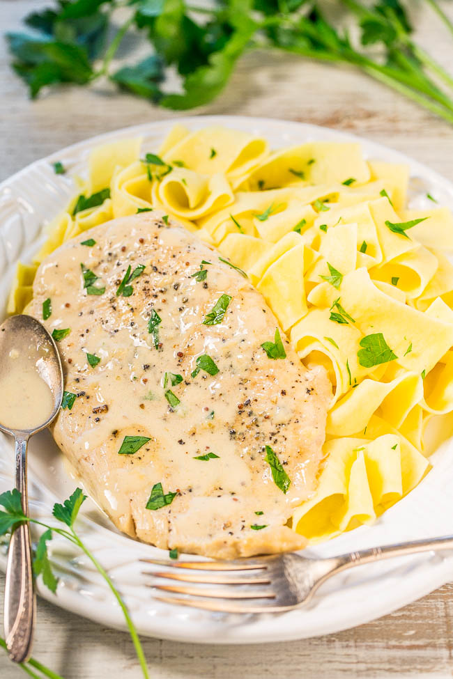 Chicken with Mustard Cream Sauce and Pasta - Averie Cooks