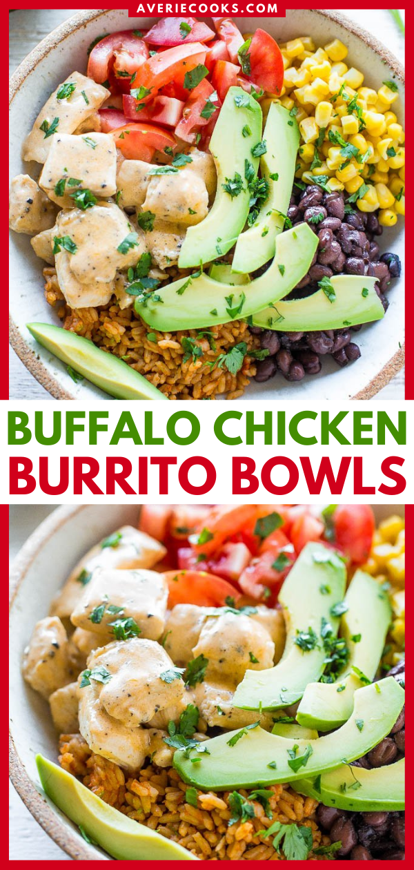 Healthy Buffalo Chicken Burrito Bowls Recipe - Averie Cooks