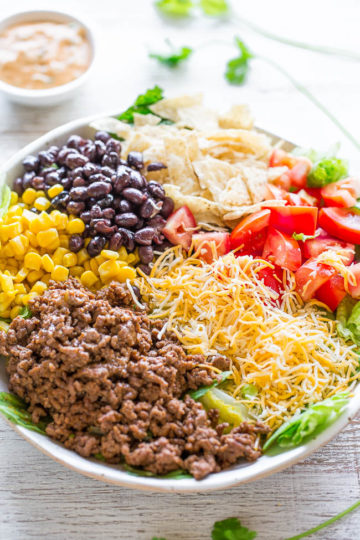 Loaded Beef Taco Salad (with Cilantro-lime Dressing!) - Averie Cooks