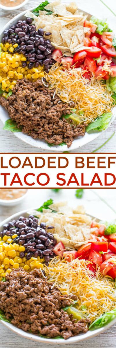 Loaded Beef Taco Salad (with Cilantro-Lime Dressing!) - Averie Cooks